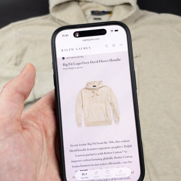 Polo Ralph Lauren Logo Hoodie Men's XL The Big Fit Beige Over-Dyed Fleece - Picture 5 of 14